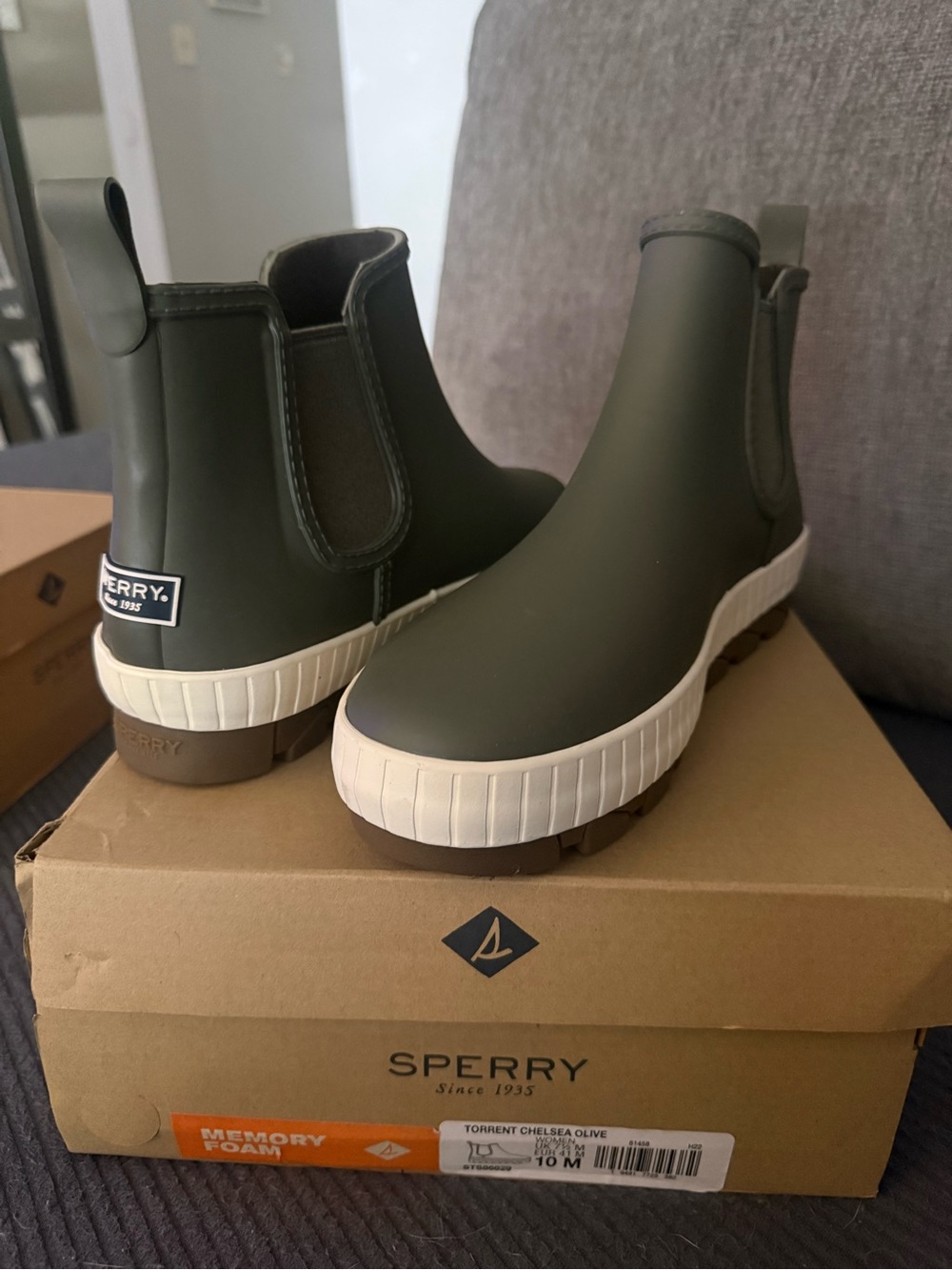 Sperry Olive Chelsea Rain Boots with White Ribbed Sole